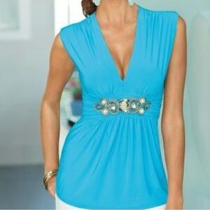 Boston Proper Teal Blue Embellished Tank Top XS Y2K Babydoll Empire Waist
